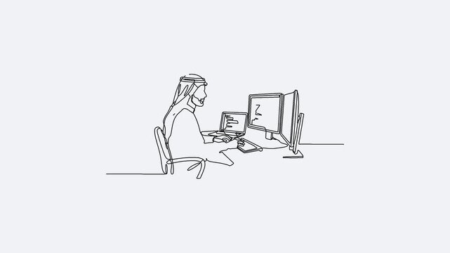 Minimal hand drawn line animation of a person working at a computer desk. Suitable for office, business, and productivity concepts.