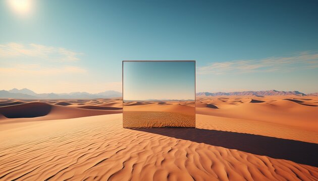 a striking image of a mirror standing alone in a surreal desert landscape symbolizing introspection self discovery and the duality of reality in a minimalist composition