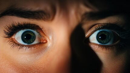 Close-up of an intense frightened eyes revealing fear and suspense in a low-light setting during a dramatic moment