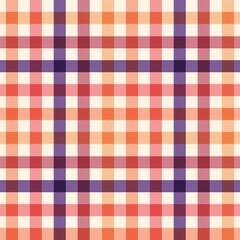 A seamless, vibrant plaid pattern featuring intersecting lines and squares in warm tones of orange, red, purple, and cream