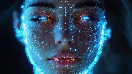 Artistic 3d Rendering of a Modern Ai Face With Polygon Mesh Glowing Skin and Futuristic Wireframe Symmetry In a Sleek Composition
