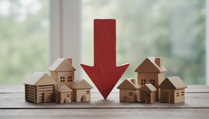 Wooden model houses surround a bold red arrow pointing down to illustrate falling property price trend. Real estate crisis, market correction or interest rate shift