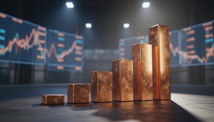 Abstract copper bar chart in front of blurred trading screens, symbolizing financial growth, investment performance metrics and rising market opportunities