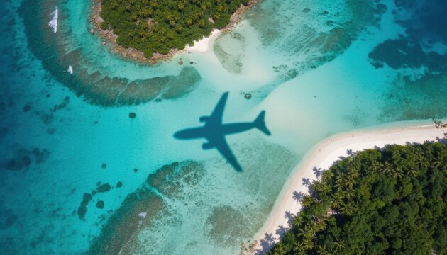 Aerial view of airplane shadow over turquoise tropical lagoon representing wanderlust travel dreams paradise destination vacation freedom and connection between sky and ocean - Powered by Adobe