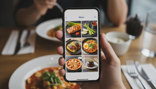 Hand holding smartphone displaying colorful restaurant menu with images of salmon tacos pizza and pasta over dining table at bistro or cafe