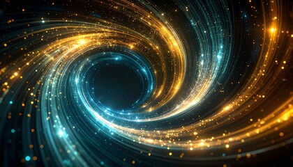 Dynamic swirl of luminous blue and gold particles, forming a central, dark vortex