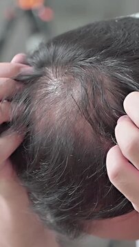 Androgenic alopecia, hair loss, male pattern baldness, man showing his visible bald area. High quality 4k footage 