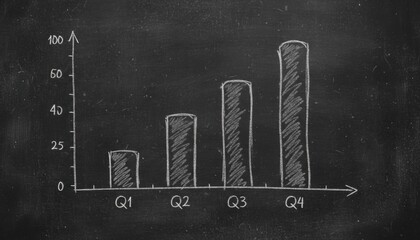 Chalk drawing of a simple bar chart on a blackboard illustrating four quarters of increasing growth labeled Q1 through Q4