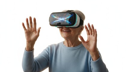 Older woman with a happy expression wearing a virtual reality headset with an abstract light display, holding her hands up to interact