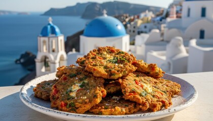 Stack of Greek tomato fritters tomatokeftedes on plate overlooking picturesque Santorini caldera with blue domed church and white washed village