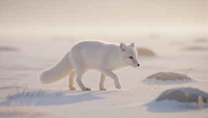 A solitary arctic fox walking across a soft warm white snowfield in pale neutral morning light creating a minimal serene scene with gentle airy tone
