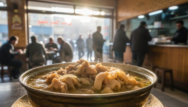 Steaming hot bowl of traditional Middle Eastern Khash tripe soup served in a brass bowl in a busy Middle Eastern restaurant cafe or eatery culture