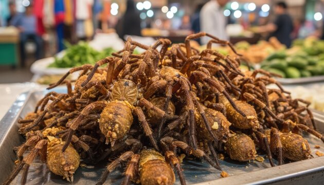 Mound of fried tarantulas or large spiders covered in savory crumbs are displayed on a metal tray at a busy night market