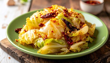 Savory cabbage dish with chili flakes and peppers, served on a green plate