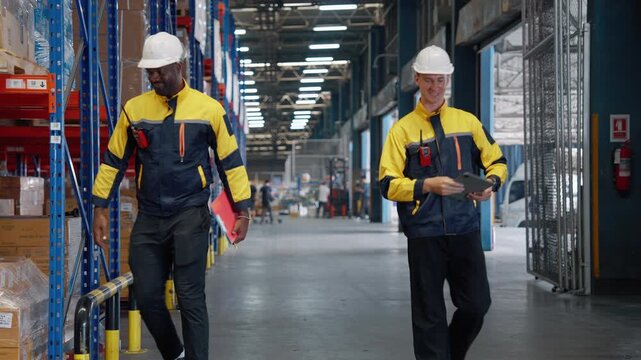 Two warehouse workers wearing safety helmets shake hands inside a modern distribution center, representing cooperation, agreement, and professional teamwork in logistics operations.
