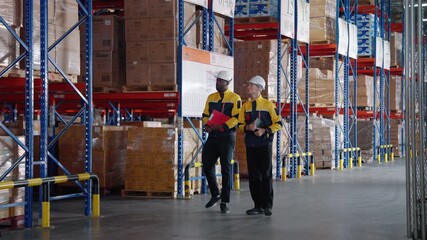 Two warehouse employees walk through storage aisles while discussing inventory and daily operations, highlighting communication and efficiency in logistics management.
 - Powered by Adobe
