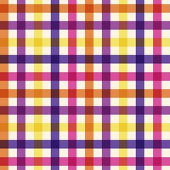 Seamless pattern of colorful gingham check in vibrant yellow, purple, orange, red, and pink hues on a light background. 