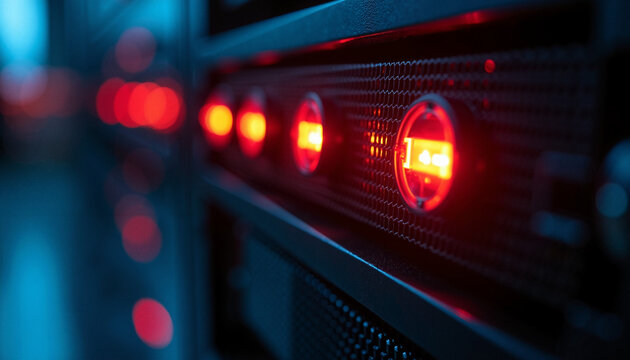Close up view of data center server rack with glowing red indicator lights illuminating dark blue tones. - Powered by Adobe
