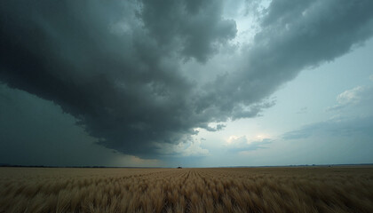 Dark storm clouds gather menacingly over expansive golden wheat field, bringing heavy rain and powerful weather conditions to agricultural land.