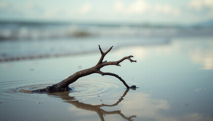 Textured driftwood beach scene with unique branch half submerged in calm ocean water. This natural driftwood beach element reflects in shallow wet sand.