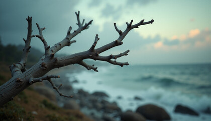 Gnarled dead tree branch reaching over ocean waves crashing on rocky shoreline. Moody overcast sky enhances dramatic dead tree scene. Powerful dead tree composition for environmental concepts,
