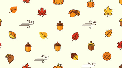 Autumn Pattern: Falling Leaves, Acorns, Pumpkins, and Wind - Seamless Vector Background © Alienmarsh