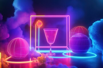 Neon cocktail setting with vibrant lighting and geometric shapes at night