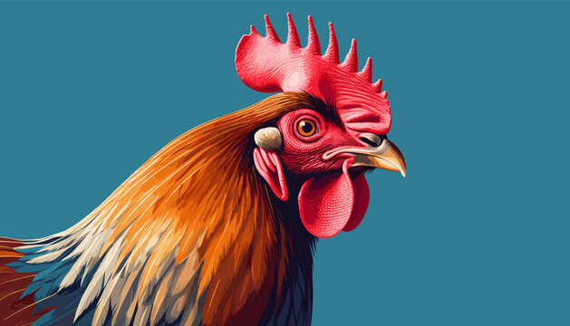 Colorful illustrated rooster head in profile with a vibrant red comb, wattle, and detailed orange and blue feathers looking proudly on a solid teal blue background