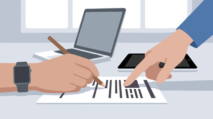 Two business people's hands signing a contract on an office desk with a laptop and tablet in a minimalist flat illustration style
