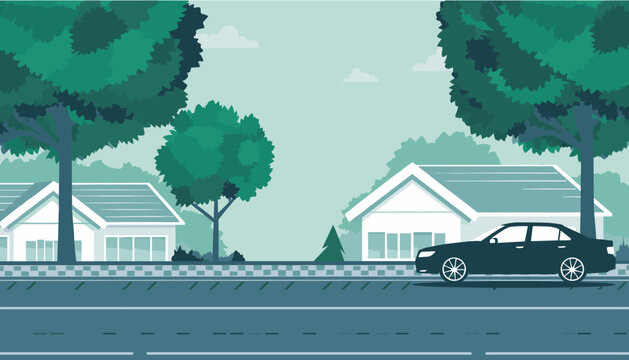 Suburban neighborhood street scene vector illustration showing a dark sedan driving past modern houses and lush green trees on a quiet day