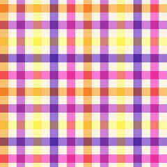 A seamless, vibrant gingham checkered pattern featuring a cheerful mix of bright colors including pink, purple, yellow, orange, and red on a light cream background