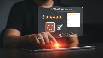 A person interacting with a futuristic digital interface with a 5 star rating