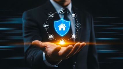 Businessman holding a glowing shield with a house icon