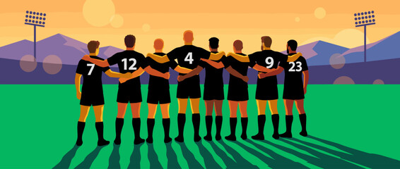 Diverse sports team of male players in black uniforms standing together with arms linked, seen from behind on a green stadium pitch at sunset