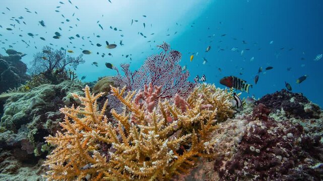 Static underwater shot of tranquil coral reef with small tropical fish in Pacific Ocean
