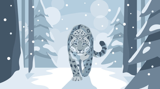 Powerful illustrated snow leopard with spotted fur walks forward in a cold, snowy forest landscape with fir trees and falling snow in a flat vector art style