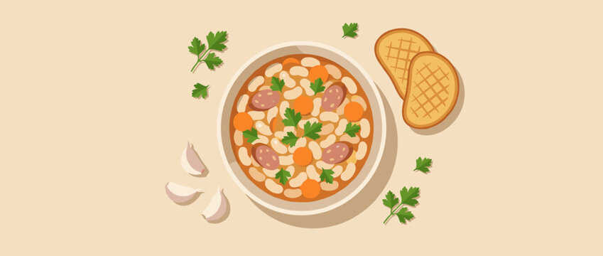 Hearty white bean soup with sausage and carrots in a white bowl, served with grilled bread and fresh parsley, a top-down flat lay illustration on a beige background