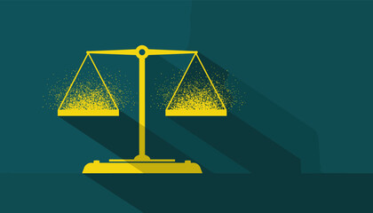 Yellow scales of justice flat design icon with a long shadow showing balanced pans filled with particles on a dark teal background