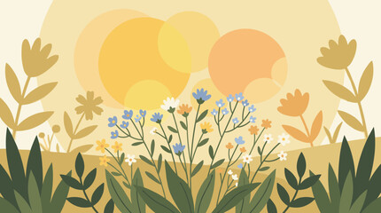Obraz premium Colorful flat design illustration of wildflowers and green leaves on a warm sunny background with abstract sun shapes, creating a peaceful and whimsical spring scene