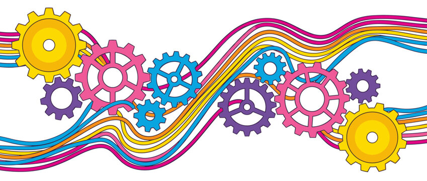 Colorful cartoon gears and cogs interconnected by vibrant wavy lines in a playful mechanical illustration representing teamwork and process, isolated on a white background