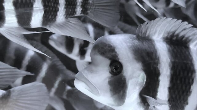 Beautiful zebra fish with black white stripes swimming underwater. Peaceful aquarium scene, exotic tropical fish, marine life and underwater nature harmony.