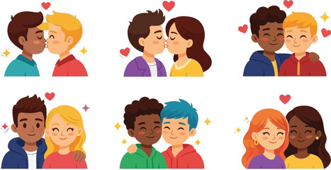 Cartoon illustrations of diverse couples sharing love and affection, celebrating heartfelt connections and happiness