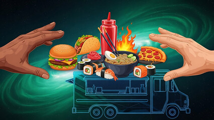 A vibrant illustration of various foods floating above a food truck with hands reaching out