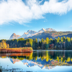 Fabulous view of Wagenbruchsee (Geroldsee) lake with  Wetterstein mountain range on background.