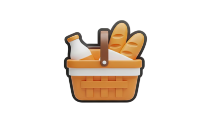 3D Icon of a Picnic Basket with Bread and Milk Bottle