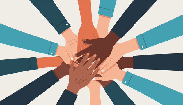 Diverse group of multiracial human hands stacked together in a circle symbolizing teamwork, unity, and collaboration, a flat vector illustration on a light background