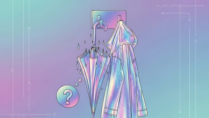A colorful illustration of umbrellas and a question mark on a pastel background