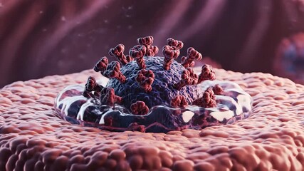 Microscopic visualization of a dangerous virus resembling the COVID19 pathogen approaching and binding to the surface of a host cell highlighting the critical process of viral entry and potential dis.