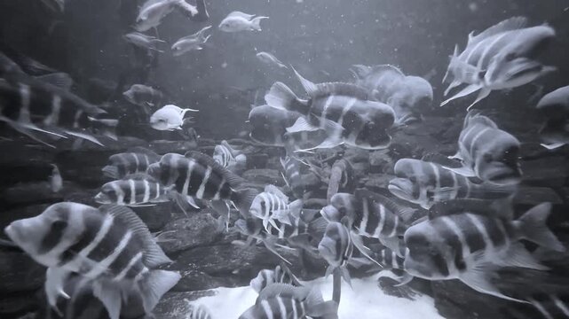 Many zebra fish with black and white stripes slow swimming underwater.