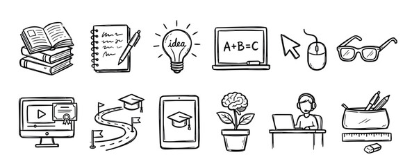 Set of hand drawn doodle icons for education, e-learning, and school subjects, including a book, lightbulb, computer, and graduation cap in a simple black and white sketch style